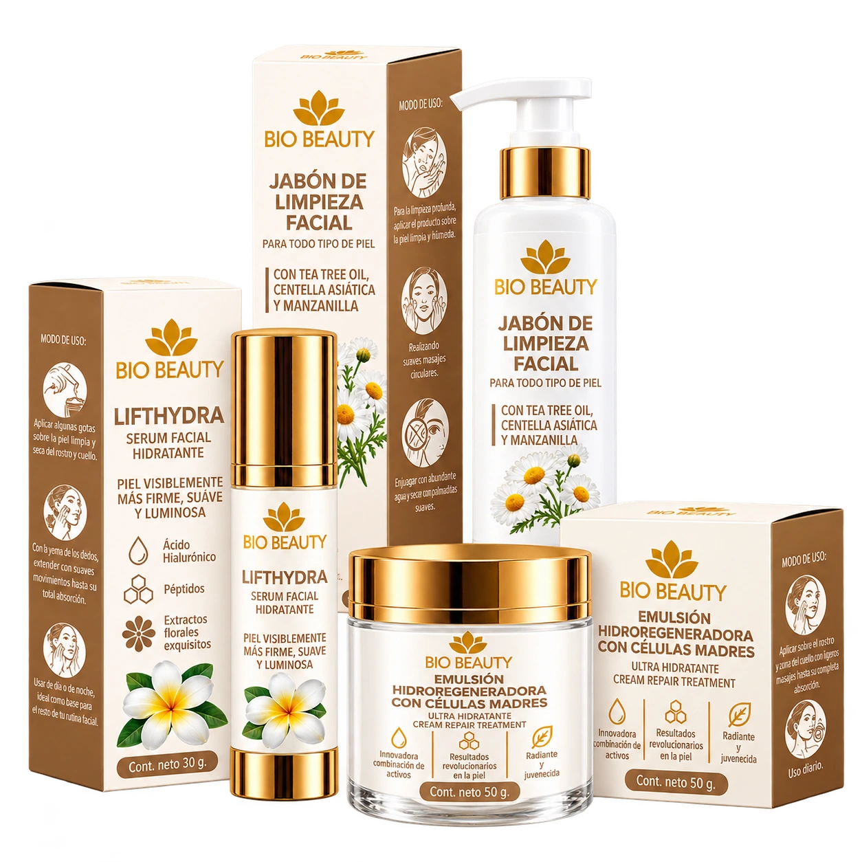 Productos Bio Beauty: jabón facial, sérum Lifthydra y emulsión hidroregeneradora