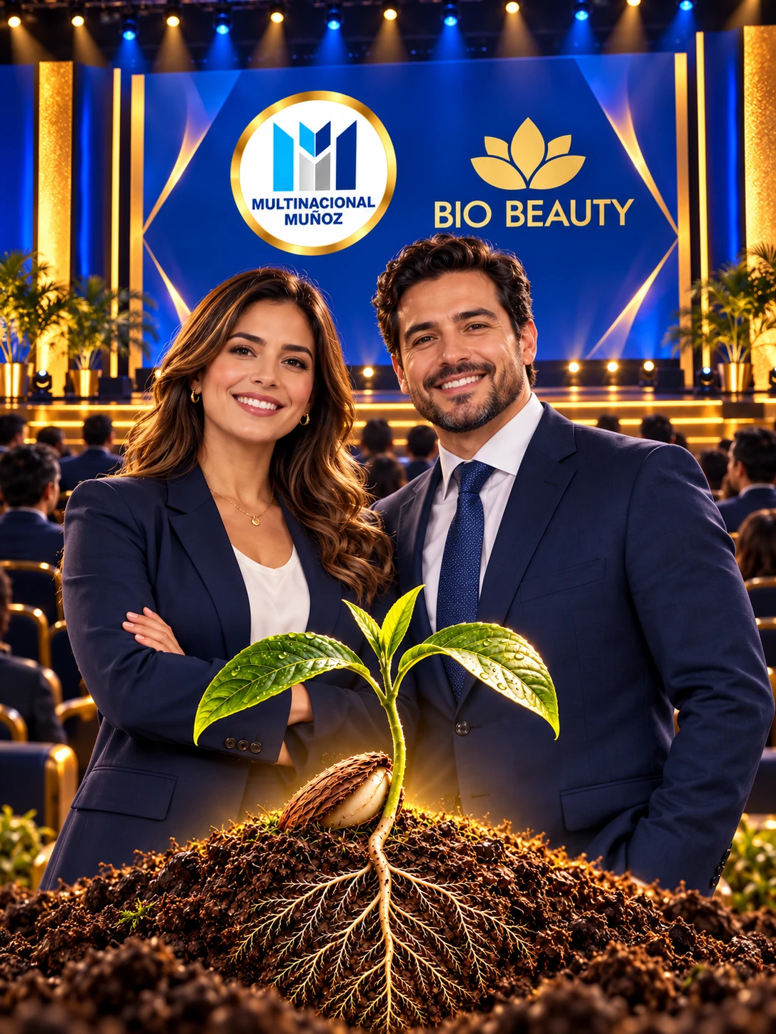 Una mujer y un hombre en el lanzamiento de Multinacional Muñoz y Bio Beauty, con una semilla germinando como símbolo de su comienzo