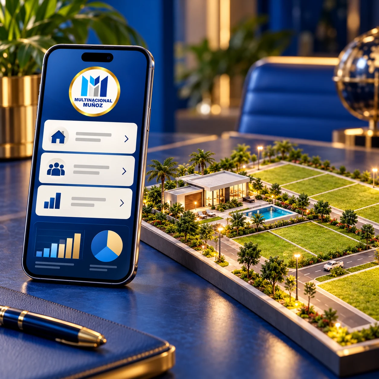Oficina virtual conceptual en el celular junto a una maqueta inmobiliaria