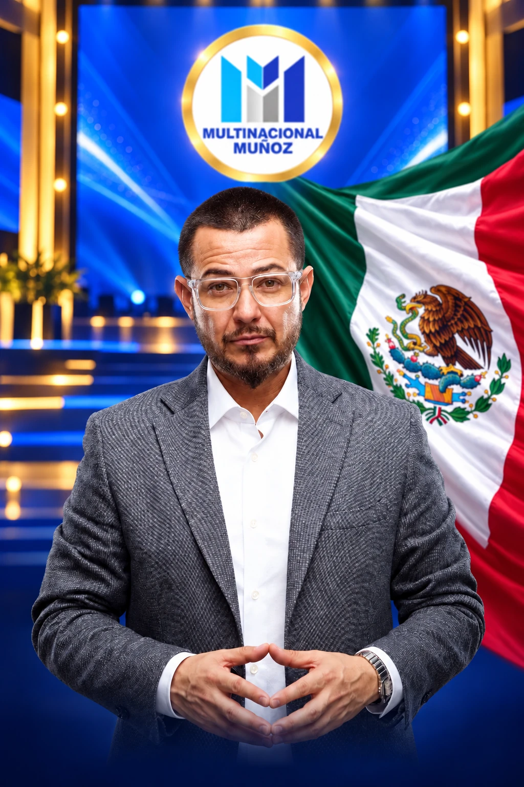 Omar Villalobos junto a la bandera de México en el escenario