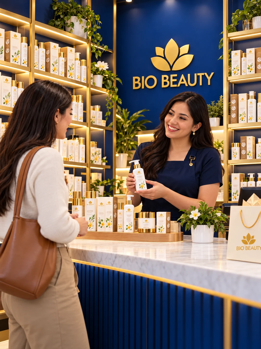 Tienda referencial Bio Beauty con productos, una asesora y una clienta