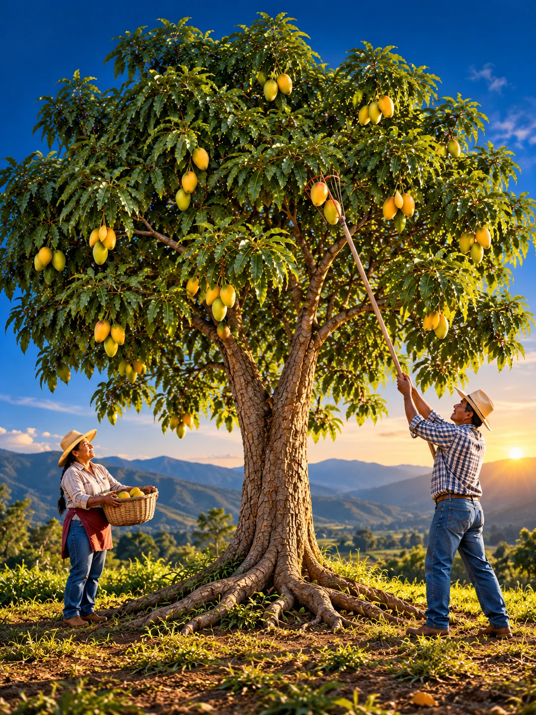Árbol con raíces firmes y frutos, cosechados en equipo