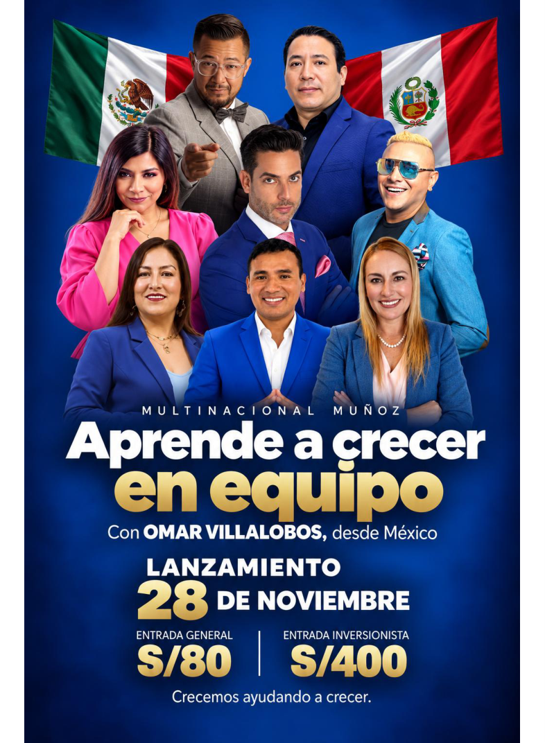 Omar Villalobos, Samuel Muñoz y equipo del lanzamiento con las banderas de México y Perú; composición original de gerencia