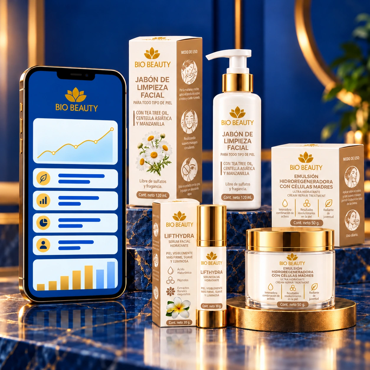 Oficina virtual conceptual en el celular junto a productos Bio Beauty