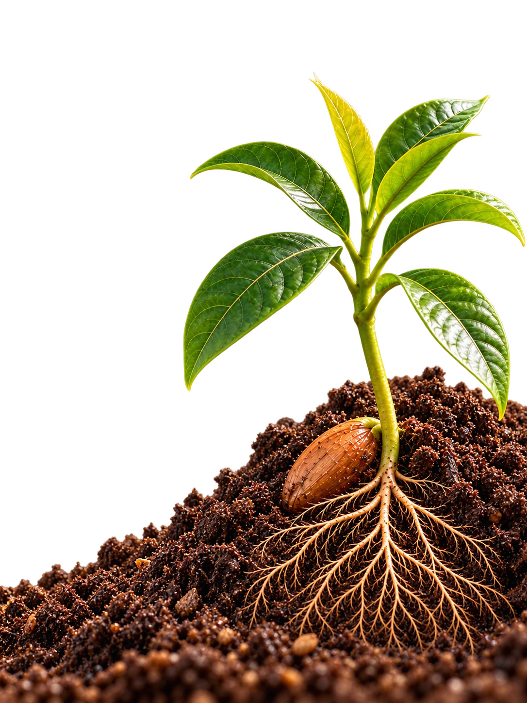 Semilla con raíces y hojas: preparación para crecer