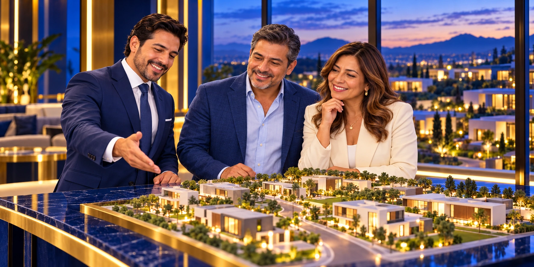 Escena referencial de un asesor mostrando una maqueta residencial a una pareja inversionista